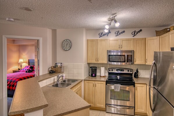 Fully stocked kitchen.