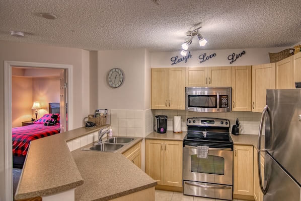 Fully stocked kitchen.