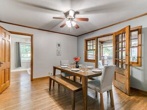 Dining room with covered porch attached.