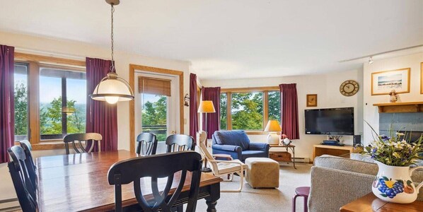 Relax by the wood burning fireplace.