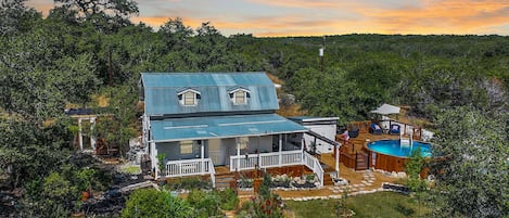 Aerial twilight view of the Barnhouse.