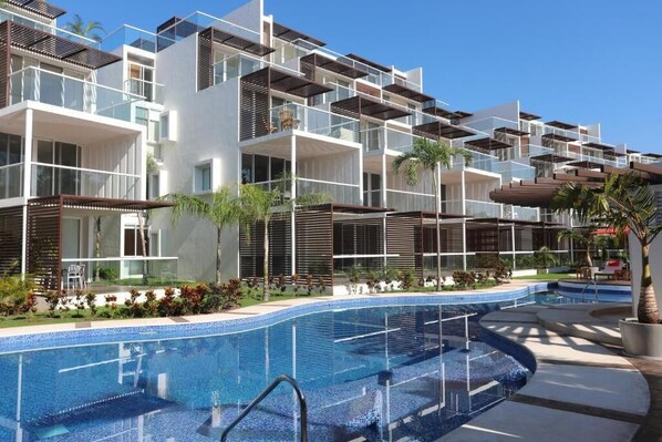 Apartment overlooks the pool