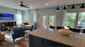 Kitchen island and living room