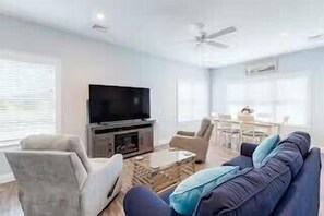 Smart tv and cozy seating for movie nights.  be sure to bring your password for streaming services.