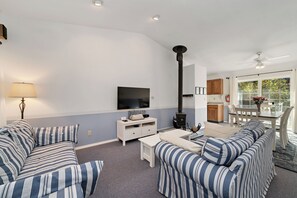 Living area with TV and wood stove