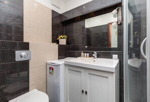 A sleek and modern bathroom with a combination of dark and light tiles and a glass shower.
