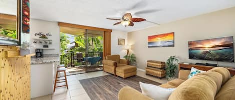 Living room with Hawaii features and lanai access