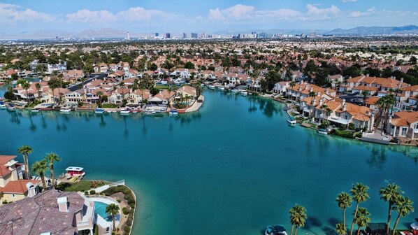 Nearby local lake. Amazing views of Las Vegas Strip in the distance.