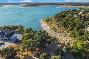 Areal view of the Turquoise blue Canyon Lake water