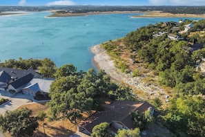 Areal view of the Turquoise blue Canyon Lake water