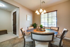 Dining Area | Central Heating & A/C | Dishware & Flatware Provided