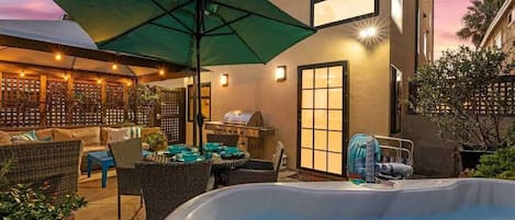 Outdoor seating and hot tub