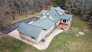 Entire home exterior: 6-acres, grill, firepit, deck and porch