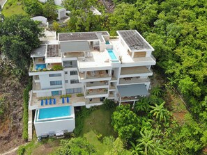 Front view of building and pool