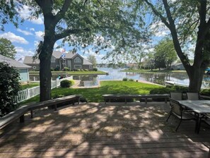 View of Lake from the House! Notice large deck with bench, seating for everyone!