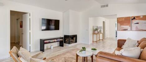 Desert Modern Living Room decor with new Smart 55" TV.