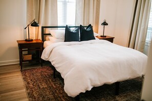 Each bedroom features a queen sized Purple Mattress complimented by Organic Supima cotton linens and duvet. Sleep comfortably knowing that every single piece of bedding is thoroughly sanitized between each guest including the throw pillows and blankets.