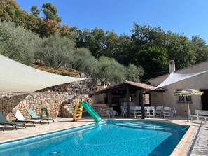 Piscine avec toboggan, transats, détecteur de chute & gilets sauvetage enfants