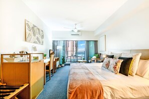 A king bed provides ultimate comfort, with black-out curtains to encourage a sleep in.