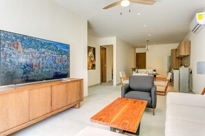 Cozy sofa seating with a Smart TV for downtime moments at home