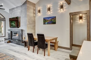 Indoors, Fireplace, Floor, Flooring, Dining Table
