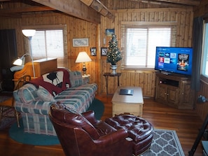 OVERALL: The cute and cozy living room with live streaming television.