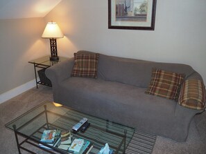 OVERALL:  The home has a comfy living room with a sofa, coffee table, chair, lamp, window A/C, and live streaming television.