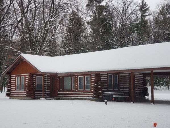 OVERALL: The front of the cabin in winter