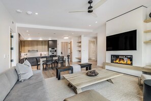 Open floor plan with Opti Myst fireplace