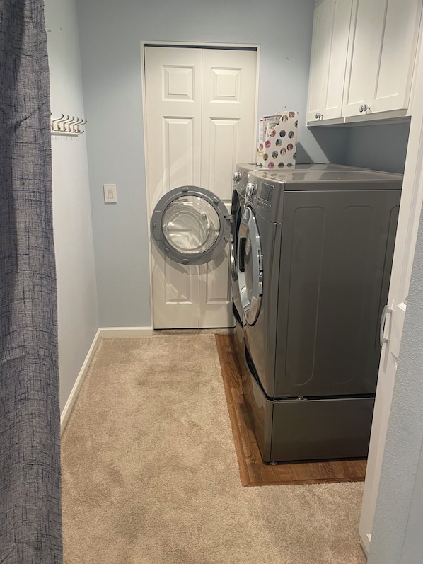 Large washer and dryer. Can easily fit a comforter and bedding