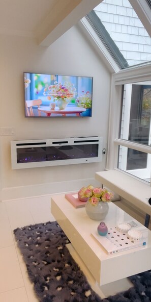Modern contemporary kitchen with sunroom/nook with smart tv, fireplace & nature
