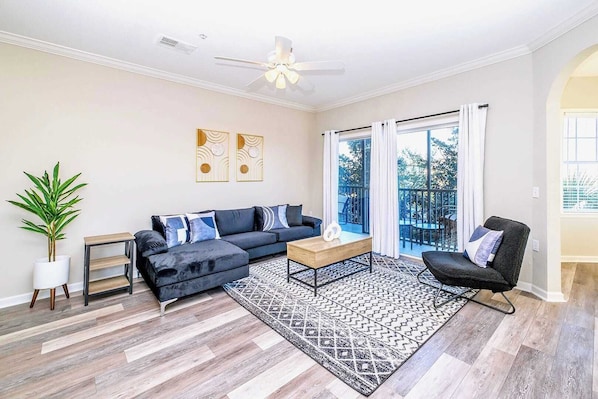 Open-layout living room with modern furnishings