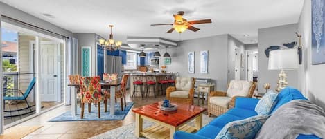 Open concept living and dining space.