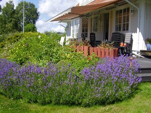 the patio with a lovely flowerbed