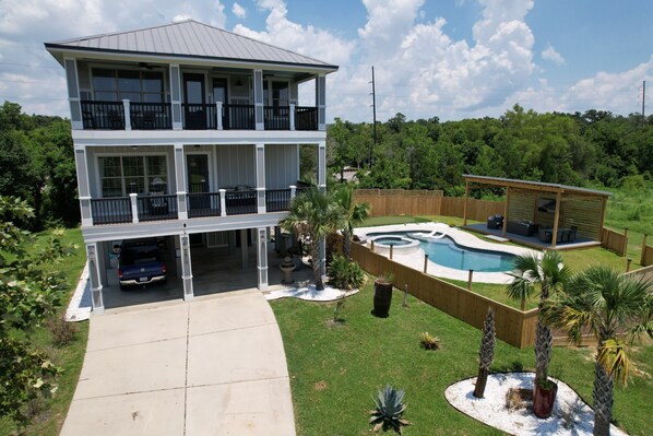 Outside with pool