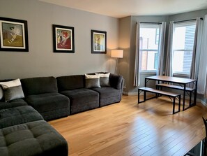 Spacious living room with TV (BYO streaming service)