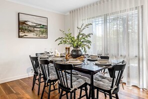 Comfortable dining for up to 8 guests with all dinnerware and cook-ware provided.