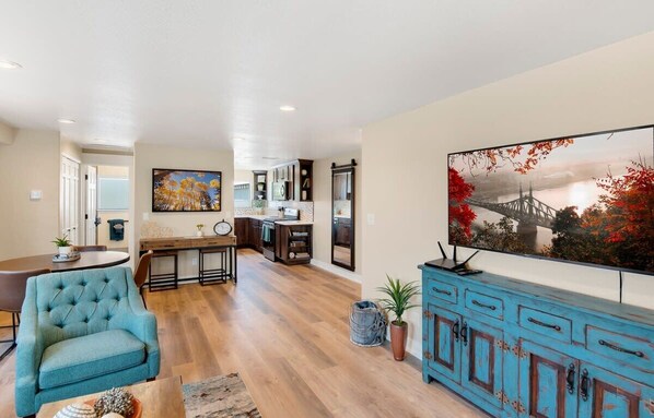 open concept living, dining