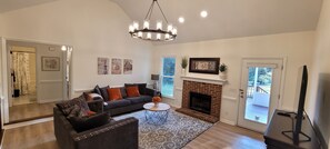 Cozy Living Room with pond view