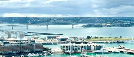 Balcony over looking Viaduct Harbor and Harbor Bridge.