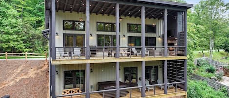 Two full length balconies on an amazing modern cabin in the Blue Ridge Mountains