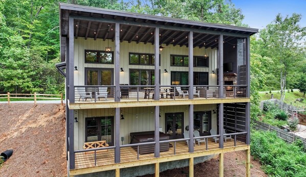 Two full length balconies on an amazing modern cabin in the Blue Ridge Mountains