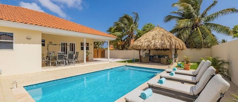 amazing pool,  shaded patio and palapa with outdoor dining.