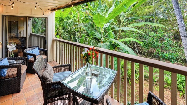 Private lanai in beautiful gardens