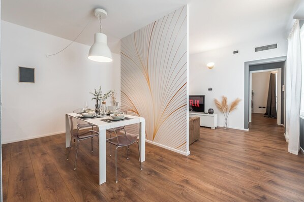 Dining area and living room