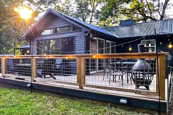 Back Porch with Grill, Fire Pit, Hot Tub, and Waterfall Feature