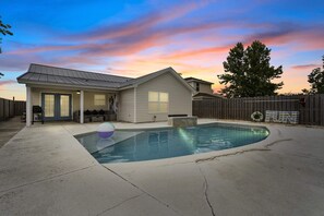 Main house sunset view with the pool. We try to keep this open the whole year. Send us a message for more details.