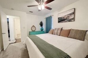 Master Bedroom: King Bed, Large Dresser, Smart TV(not pictured), Large Walk-in Closet(not pictured), Room Darkening Shades, Private Attached Bathroom, Ceiling Fan & Lighting