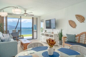 Relax in our Spacious Living Room with Designer Furnishings and breathtaking ocean views.