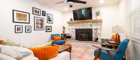 Living Room with wood-burning fireplace